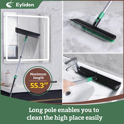 Eyliden Scrub Brush with Squeegee, Floor Deck Tile Bath Cleaning Scrubber | 15-inch Wide, 45° Angle 2-in-1 Stiff Bristles & Rubber Head, 55" Telescoping Long Handle, for Shower Kitchen Patio Garage