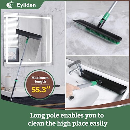 Eyliden Scrub Brush with Squeegee, Floor Deck Tile Bath Cleaning Scrubber | 15-inch Wide, 45° Angle 2-in-1 Stiff Bristles & Rubber Head, 55" Telescoping Long Handle, for Shower Kitchen Patio Garage