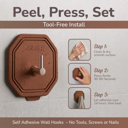 SILKLE Silicone Shower Hooks for Inside Shower, 2-Pack Adhesive Towel Hooks | Adhesive Shower Hooks, No Drill - Razor & Loofah Holders for Shower Wall, Heavy-Duty, Waterproof, Damage-Free - Brown - color: Brown