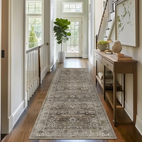 Zeeinx 2x6 Runner Rug Grey Brown Vintage Washable Runner Rugs for Kitchen | Low Pile Non-SlipHallyway Runner Rug Retro Distressed Long Carpet for Entryway Bathroom Bedroom Antique/Moss - color: Brown Grey, size: 2'*6'(Runner)