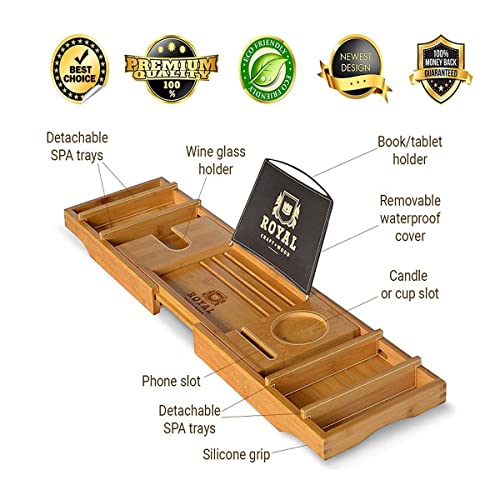 Bamboo Bathtub Caddy Tray Expandable for Luxury Bath, Bathtub Tray with Wine Glass Holder, Phone Stand and Book Holder, Adjustable Bath Tub Organizer Tray for Bathroom