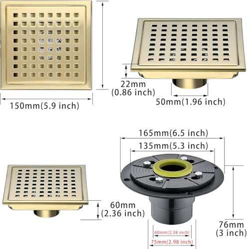 6 Inch Square Shower Floor Drain Brushed Brass with Flange,SUS304 Stainless Steel Gold Shower Drain Cover with Quadrato Pattern Grate Removable Hair Strainer,98738BG6-S. - color: Brushed Gold（set）