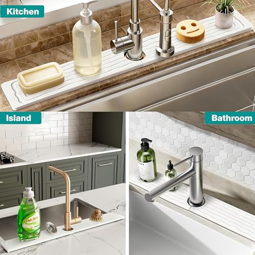 Kitchen Faucet Mat, Diatomite Sink Splash Guard, Quick Drying Stone Tray | Solid diatomite, 23.6x4in size; Absorbs splashes and dries fast; For kitchen & bathroom counters; Fits most faucets