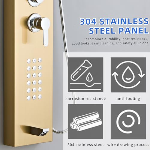 5-in-1 Shower Panel Tower System - Brushed Gold | 304 stainless steel Shower Panel Tower Column with Powerful Body Jets, Rainfall, Waterfall,Handheld and Tub Spout - color: Brushed Gold, style: LSH-8001