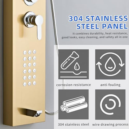 5-in-1 Shower Panel Tower System - Brushed Gold | 304 stainless steel Shower Panel Tower Column with Powerful Body Jets, Rainfall, Waterfall,Handheld and Tub Spout - color: Brushed Gold, style: LSH-8001