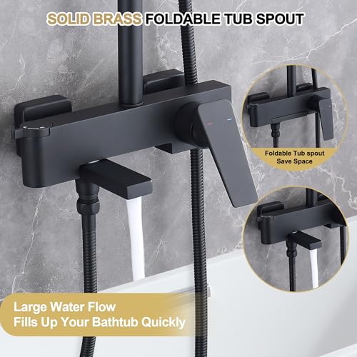 Shower Systems with 12 x8 Inches Rain Shower Head, Matte Black Exposed Pipe Shower System,3 Functions Tub Shower Faucet Sets,Overhead Shower System with Handheld - color: A- Matte Black with Square Shower Head