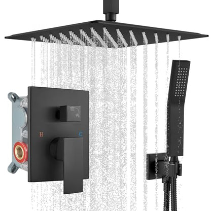 gotonovo Ceiling Shower System with Handheld Matte Black,12 inch Head | Ceiling Mount Bathroom Shower Faucet Set,SUS304 Rainfall Head and Handle Set Combo,Brass Valve Trim Kit,All Metal - color: Black, size: 12 inch Head