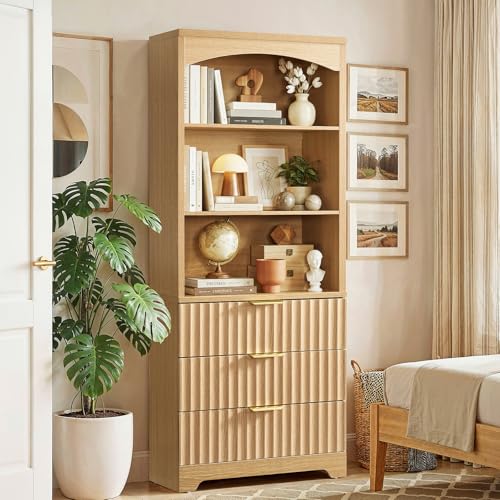 63.3" Tall Bookshelf, Bookshelves and Bookcases with Drawers, Arched Design Bookcase with Storage Cabinet, Natural Wood Grain Wave Pattern Storage Shelves for Living Room, Bedroom,Office - color: Brown