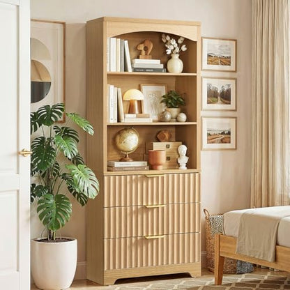 63.3" Tall Bookshelf, Bookshelves and Bookcases with Drawers, Arched Design Bookcase with Storage Cabinet, Natural Wood Grain Wave Pattern Storage Shelves for Living Room, Bedroom,Office - color: Brown