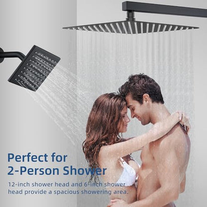 Thermostatic Dual Shower System, Rain Shower Faucet(Matte Black) | 12 Inch Rianfall Shower Head, 6 Inch Wall Mount Head, High Pressure Handheld Sprayer, Push Button Valve - color: Matte Black