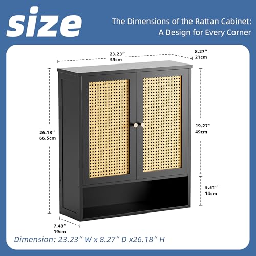HITNET Wall Mounted Bathroom Cabinet, Rattan Hanging Cabinet, Space-Saving Bathroom Wall Cabinet with 2 Doors and Adjustable Shelves, Black - color: Black