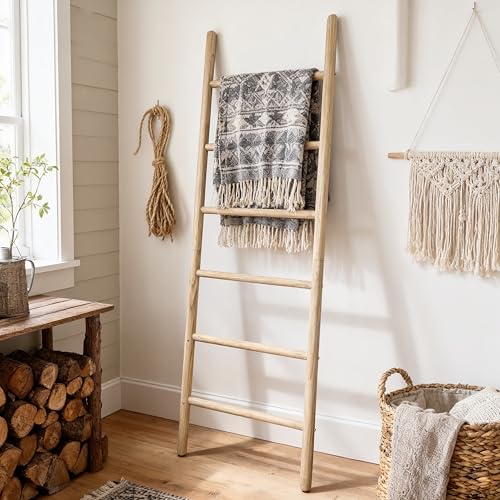 Wooden Blanket Ladder -77x24in Natural & Motley Wood - Leaning Wall Decor for Bedroom, Bathroom, Living Room - Rustic Quilt Holder & Towel Rack (77x24in | Knock Down,Light Wood Color) - color: Light Wood Color, size: 77x24in | Knock Down