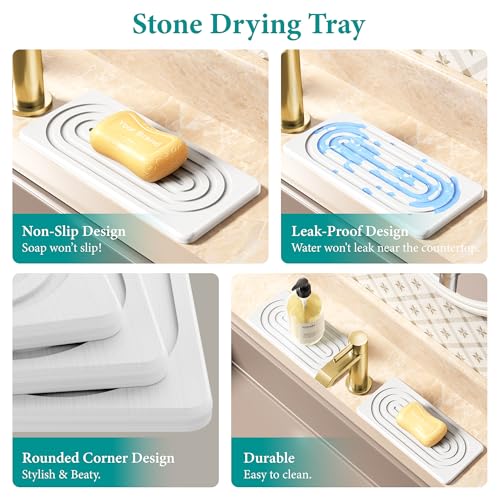 Water Absorbing Stone Tray, Quick Drying Diatomite Bathroom Tray Countertop, Stone Drying Mat for Kitchen Counter, Soap Dish Dispenser Vanity Organizer, White-A-9.8" x 4" - color: 9.8" X 4"-White-A