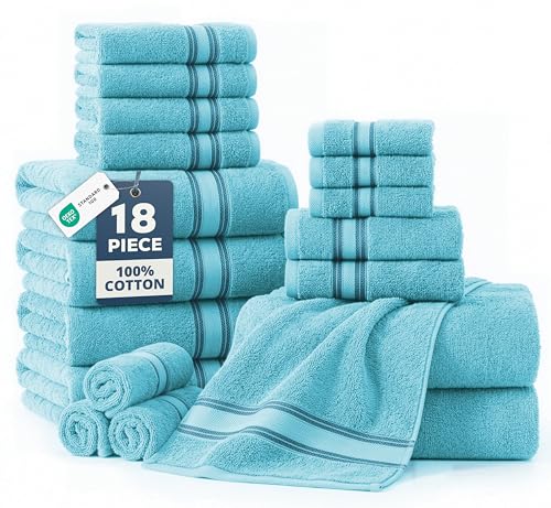 LANE LINEN Bath Towel Set 100% Cotton 18 Piece Soft Absorbent - Blue | Towel Pack -, Terry Weave Comfort, Long-Lasting Comfort, Hotel-Style Look, Gets Softer With Every Wash - color: 23: Blue, size: 18 Piece Towel Set