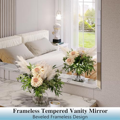 Frameless Bathroom Mirror, 24"x32" Beveled Bathroom Vanity Mirror | 15mm beveled edge, frameless, 5mm HD glass, anti-rust, french cleat, horizontally or vertically, for bathroom/bedroom - size: 24"L x 32"W