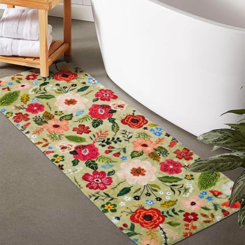 Floral Green Bathroom Rugs Large Long Bath Mat, Washable Bathroom Runner Rugs 24 x 60 Non Slip, Cute Flower Rug for Bathtub Floor - color: Green, size: 2' x 5' (Runner)