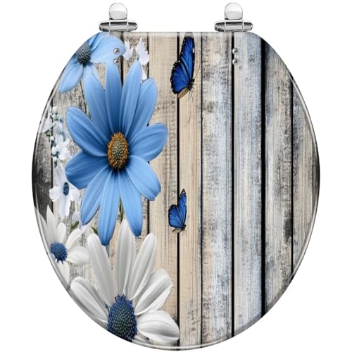 Round Resin Toilet Seat, Quietly Close Quick Release Hinges Cover | Toilet Lid Cover Easy to Clean and Install, Flower Shower Daisy Wild Rustic Floral Blue Flowers White Heavy Duty Toilet Seat - color: pattern8, size: O-shape