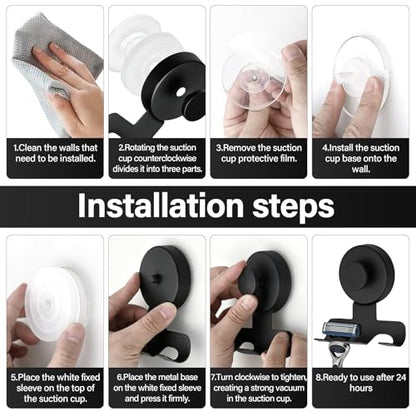 Shower Suction Razor Holder, Stainless Steel No-Drill Bathroom Hook | Reusable, Waterproof & Rustproof, Holds Up to 15 lbs – Fits Razors, Towels, Loofahs, Glass Doors & Tiles, Black 2-Pack - color: Black