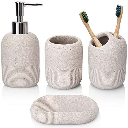 L'ARL GMVOI Bathroom Accessory Set,4 Piece Bathroom Decor Accessories Sets with Lotion Soap Dispenser,Toothbrush Holder,Bathroom Tumbler,Soap Dish for Bathroom Vanity Countertop Accessories,Beige - color: Beige