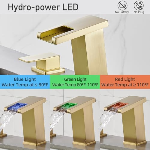 LED Bathroom Faucet 3 Hole, Brushed Gold Waterfall Bathroom Faucets, 8 Inch Widespread Modern Bathroom Sink Faucet, Wide Spread Touch On Three Hole 2 Handle Bathroom Vanity Faucet - color: Brushed Gold