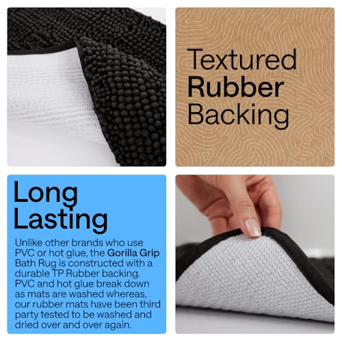 GORILLA GRIP Bathroom Rug Sets 3 Piece, Bath Mat Set and Oval Toilet Base with Rubber Backing, Plush Absorbent Shaggy Chenille Washable Mats, Includes 24x19.5, 24x17 and 30x20 Inch Rugs, Black - color: Black, style: 24"x19.5" + 24"x17" + 30"x20" - 3 Pack