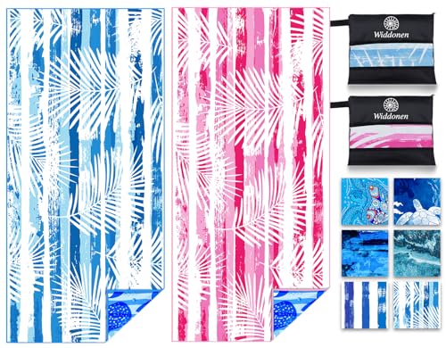 Widdonen Microfiber Beach Towel,Compact 2 Pack-71x32 Inch with Bag Travel | Extra Large,Lightweight,Thin,Sand Free,Quick Dry,Absorbent.Packable for Camping,Swim,Pool,Bath,Picnic,Cruise Essentials Gift - color: 2 Pack Blue Peank Leaves Dream World