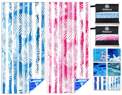 Widdonen Microfiber Beach Towel,Compact 2 Pack-71x32 Inch with Bag Travel | Extra Large,Lightweight,Thin,Sand Free,Quick Dry,Absorbent.Packable for Camping,Swim,Pool,Bath,Picnic,Cruise Essentials Gift - color: 2 Pack Blue Peank Leaves Dream World