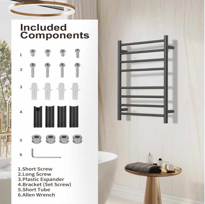 (1 Pack Yariwiz) Electric Towel Warmer for Bathroom Wall Mounted Drying Rack Plug-in Electric Heated Towel Rack Stainless Steel Round 8 Bars Bath Towel Heater Black - size: Size 2