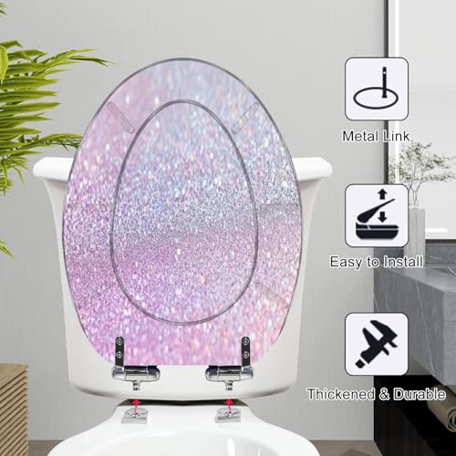Elongated Toilet Seat Glitter Resin Toilet Seat Slow Quiet Close with Quick-Release Hinges Toilet Seat with Cover Easy to Clean Install - color: Multi5, size: 19.5"x14.5"