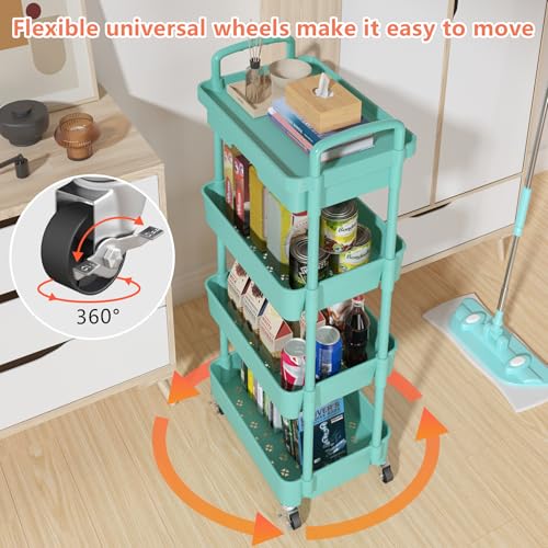 Calmootey 4-Tier Rolling Utility Cart with Drawer,Multifunctional Storage Organizer with Plastic Shelf & Metal Wheel,Storage Cart for Kitchen,Bathroom,Living Room,Office,Green | Space-Saving Organizer, Sturdy Plastic Shelves, Smooth-Rolling Metal Wheels,