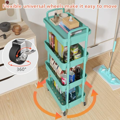Calmootey 4-Tier Rolling Utility Cart with Drawer,Multifunctional Storage Organizer with Plastic Shelf & Metal Wheel,Storage Cart for Kitchen,Bathroom,Living Room,Office,Green | Space-Saving Organizer, Sturdy Plastic Shelves, Smooth-Rolling Metal Wheels,