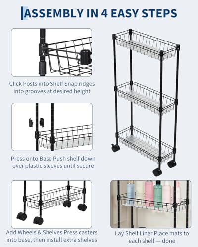 GarveeHome Slim Rolling Storage Cart, 3 Tier Metal Utility Cart with Wheels, Adjustable Shelving Unit Basket for Kitchen Bathroom Laundry Room Living Room & Narrow Corner, 15.75"X5.91"X31.5", Black - size: 3 Tier