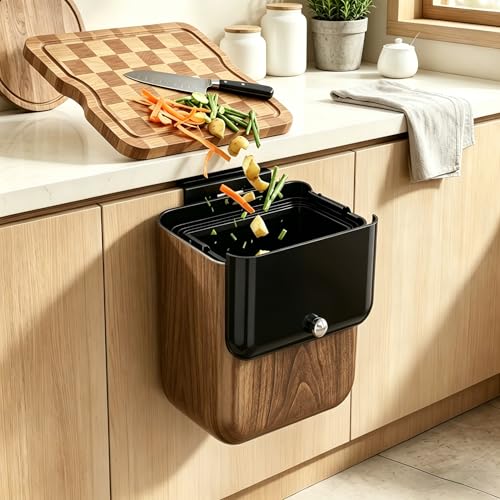 Large 3.2 Gallon Compost Bin, Under Sink Trash Can with Lid, Hanging Waste Cabinet for Office Kitchen Cupboard Bathroom Bedroom, Walnut Color - color: Walnut Color
