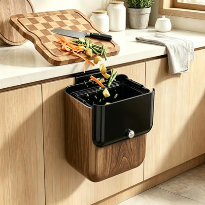 Large 3.2 Gallon Compost Bin, Under Sink Trash Can with Lid, Hanging Waste Cabinet for Office Kitchen Cupboard Bathroom Bedroom, Walnut Color - color: Walnut Color