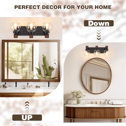 Farmhouse Bathroom Light Fixtures, 3-Light Rustic Wood Bathroom Lights Over Mirror with Glass Globe Shades, Matte Black Wall Mounted Lamp Vanity Lights for Bathroom Bedroom Living Room Cabinet - size: 3-Light