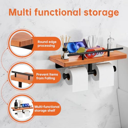 Toilet Paper Holder with Wood Shelf, Wall Mount Toilet Paper Roll Holder with Wooden Shelf and Matte Black Stainless Steel Pipe, Tissue Roll Holder for Bathroom Washroom (Light Brown, 13.8'' x 5.9'') - color: Light Brown, size: 13.8'' x 5.9''