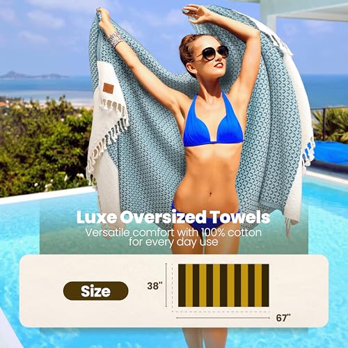 Gold CASE Turkish Beach Towel Set of 4 – 100% Cotton Large Turkish Bath Towels 67 x 38'' – Helen Extra Large, Quick Dry & Sand Free Towels – Peshtemal for Pool – Aqua - color: Aqua, style: Helen Beach Bath Towel