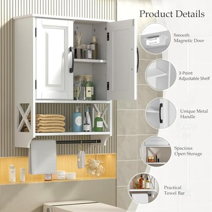 20" x 25" Bathroom Wall Cabinet with Towel Bar, White Painted Wall Mounted Storage Cabinet with Adjustable Shelf, Over The Toilet Medicine Cabinet, Wood Wall Cabinet for Bathroom Laundry Room - size: 20"D x 7"W x 25"H