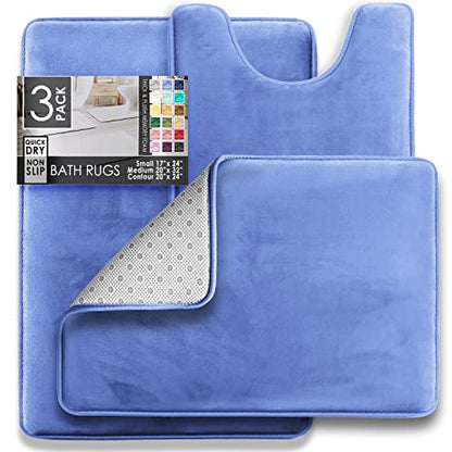 Clara Clark 3 Piece Bathroom Rugs Bath Mat Set, Velvet Memory Foam Bath Mats for Bathroom - Non-Slip, PVC Backing Bath Rugs, Washable - Dries Quickly, Blue - color: Calm Blue