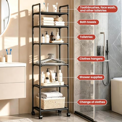GOESWELL Storage Cart 6 Tier Slim Rolling Utility with Wheels for Bathroom | Storage Cart For Bathroom 6 Tier Slim Rolling Utility With 2 Lockable Casters Narrow Metal Shelving Unit