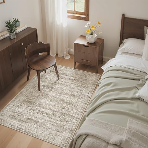Soalmost 3x4 Rugs Non-Slip, Small Washable Kitchen Entryway Area Rug Brown | Vintage Low Pile Carpet for Nursery Coffee Table Bathroom, Foldable Stain Resistant Indoor Door Mat Entrance Powder Room - color: Brown, size: 3' x 4' (Rectangular)