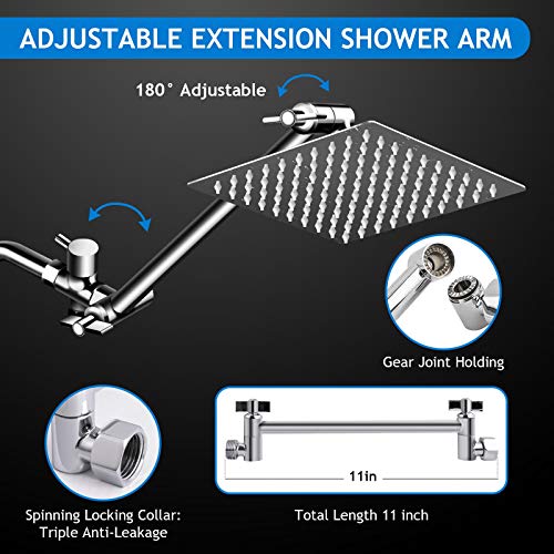 Shower Head Combo,8 Inch High Pressure Rain Shower Head with 11 Inch Adjustable Extension Arm and 5 Settings Handheld Shower Head Combo,Powerful Shower Spray Against Low Pressure Water with Long Hose - color: Chrome, size: 8" Showerhead Set
