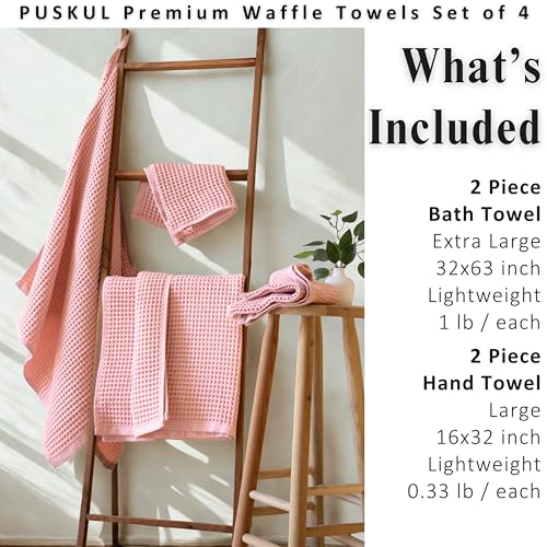 PÜSKÜL Natural 100% Turkish Cotton Waffle Towels Set of 4-Piece Pink Powder | 2-Bath sheet (Extra-large 32x63") and 2-Hand towel (Large 32x16"). Premium honeycomb-waffle weave, oeko-tex made in Turkiye. - color: Pink