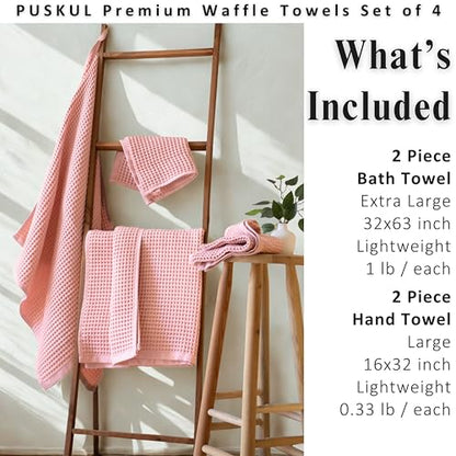 PÜSKÜL Natural 100% Turkish Cotton Waffle Towels Set of 4-Piece Pink Powder | 2-Bath sheet (Extra-large 32x63") and 2-Hand towel (Large 32x16"). Premium honeycomb-waffle weave, oeko-tex made in Turkiye. - color: Pink
