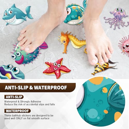 Non Slip Bathtub Stickers, 12 PCS Cute Sea Creature Shower Stickers for Kids Bathtub, Bathtub Non Slip Stickers and Adhesive Decals Scraper for Safety Bathroom Tubs, Shower Floor, Stairs