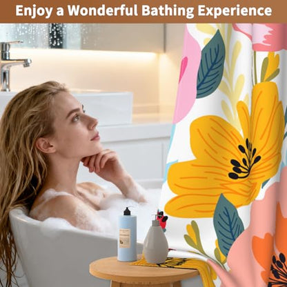 No Hook Shower Curtain with Snap in Liner, Boho Floral Shower Curtain with Mesh Top Window and Weighted Hem, 71x74 Inches Double-layer Waterproof Fabric Flower Shower Curtain and Removable Liner Set - color: Gorgeous Flowers