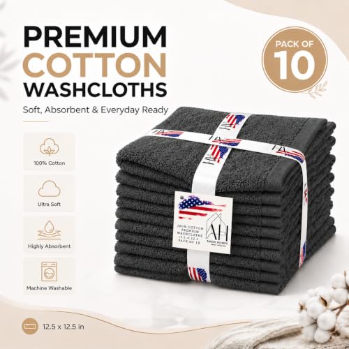 Ameri-Homes Washcloths Pack of 10, 100% Ring Spun Cotton Drak Gray | Soft Face Towel,Highly Absorbent 100% Ring Spun Cotton, 488 GSM Quick-Dry, 12.5 x 12.5 In, WashCloths for Bath Gym Spa - color: Dark Gray