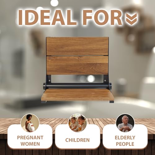 Teak Shower Seat - Contour Wood / Folding Wall Mount Bench for Inside Shower / ADA Safety Assist / 304 Stainless Steel / Matte Black / 26" x 16" - color: Matte Black, Teak, size: 26" x 16"