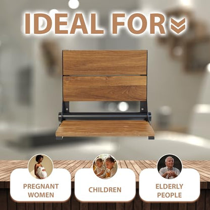 Teak Shower Seat - Contour Wood / Folding Wall Mount Bench for Inside Shower / ADA Safety Assist / 304 Stainless Steel / Matte Black / 26" x 16" - color: Matte Black, Teak, size: 26" x 16"
