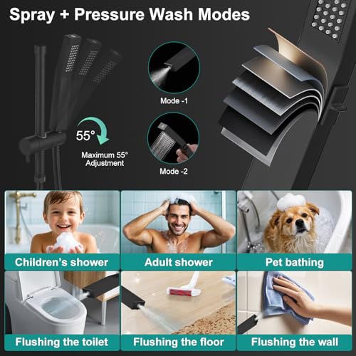 All Metal 12 Inch Rain Shower Head with Handheld Spray Combo, High Pressure Waterfall Rainfall Square Shower Heads with 16" Adjustable Extension Arm, Dual Showerhead with 3-Way Diverter, Matte Black - color: Matte Black, size: 12 Inch